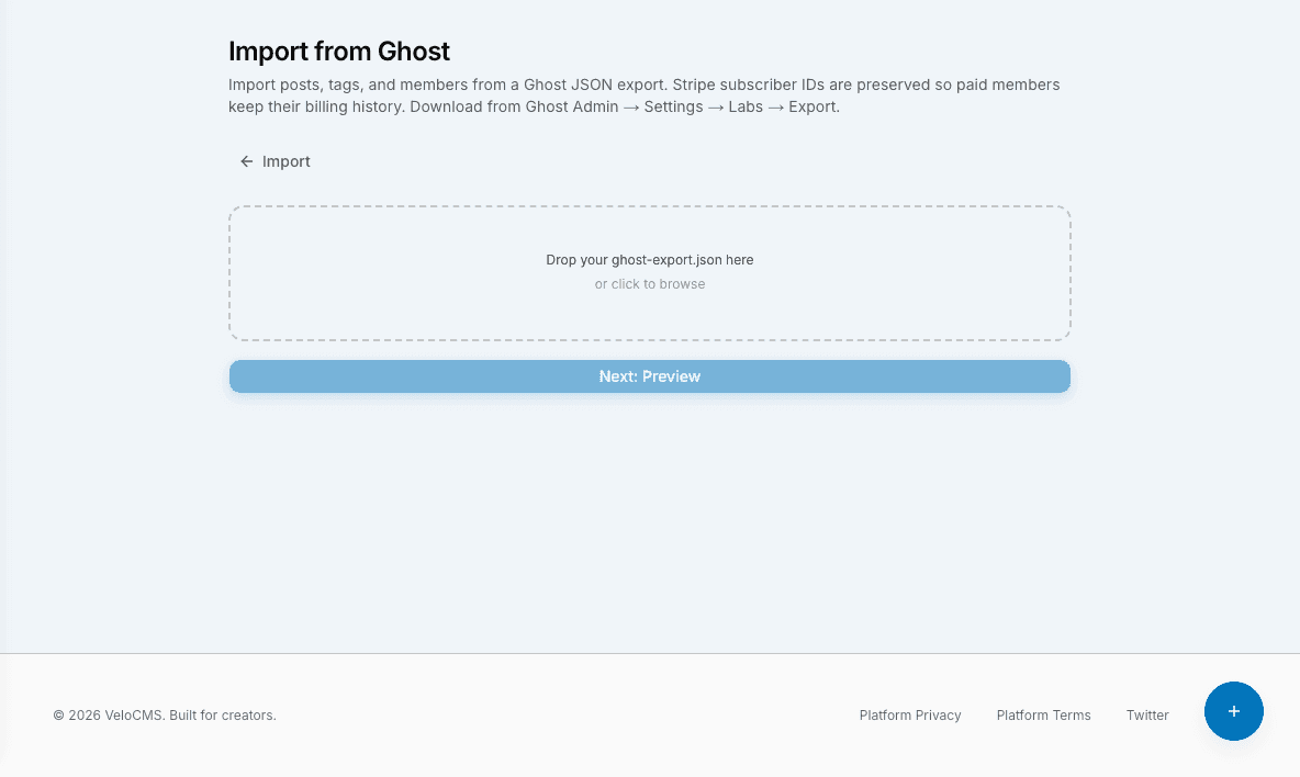 The VeloCMS Ghost importer screen, with a drop zone for the ghost-export.json file, importing posts, tags, and members while preserving Stripe subscriber IDs.