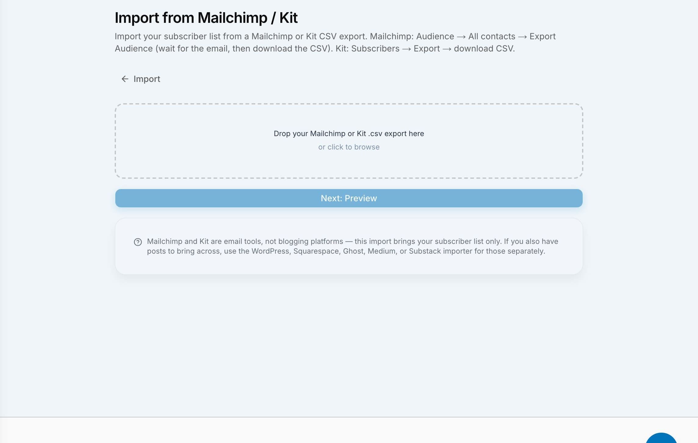 How do I move my newsletter subscribers from Mailchimp, Kit, or beehiiv to VeloCMS?