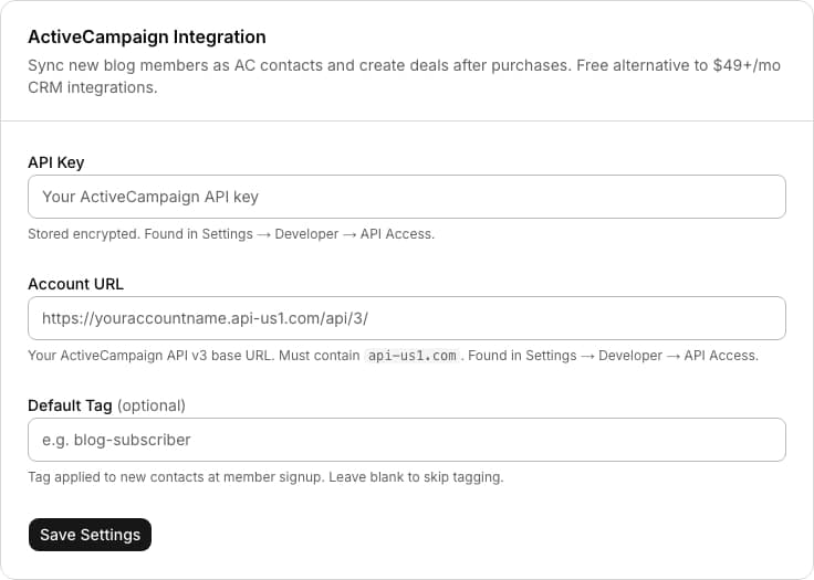 ActiveCampaign admin settings form with API key, account URL, and an optional default tag field