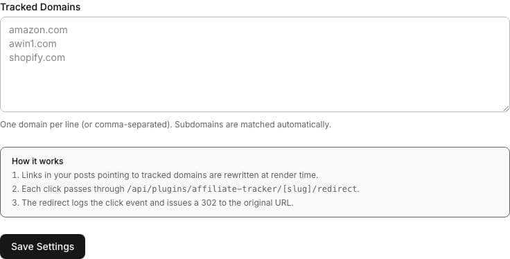 Affiliate Tracker admin settings panel with a tracked-domains textarea and a How it works explainer