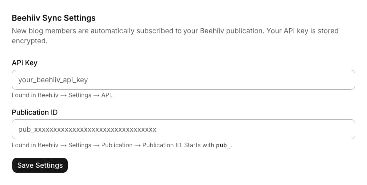 Beehiiv Sync admin settings form with an API key field and a publication ID field