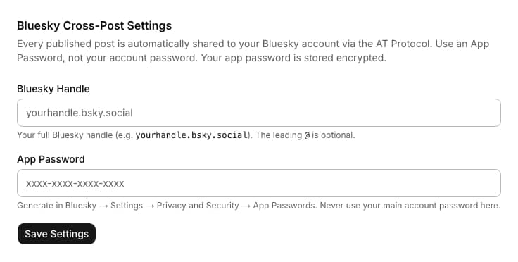 Bluesky Cross-Post admin settings form with a handle field and an app password field
