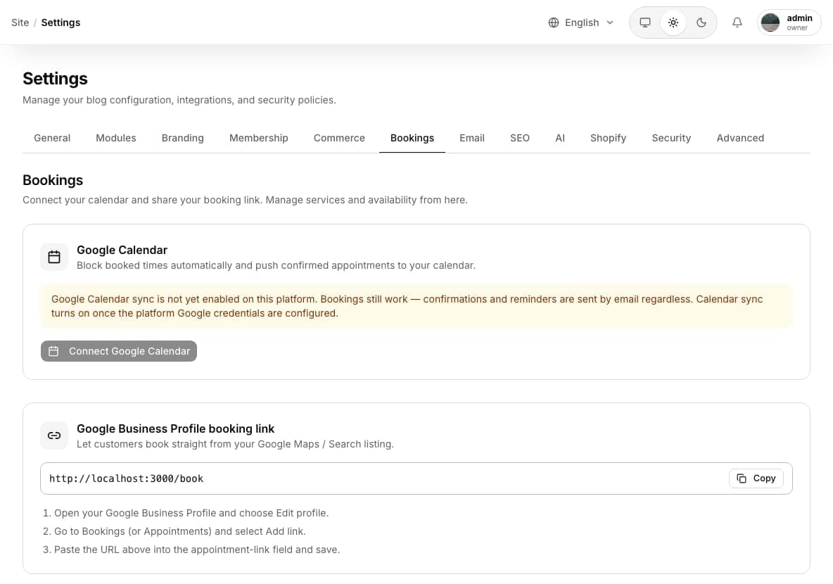 Bookings & Appointments admin settings panel showing the Google Calendar connection card and the public booking link