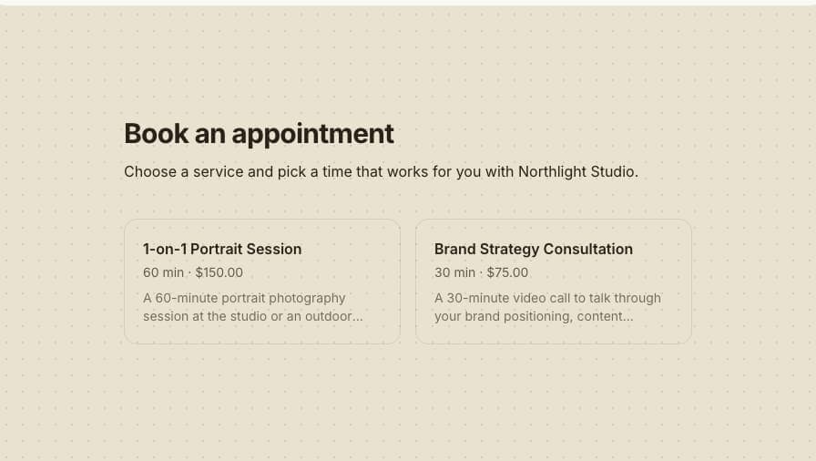 Public booking page listing two bookable services on a themed blog, ready for a visitor to pick a time