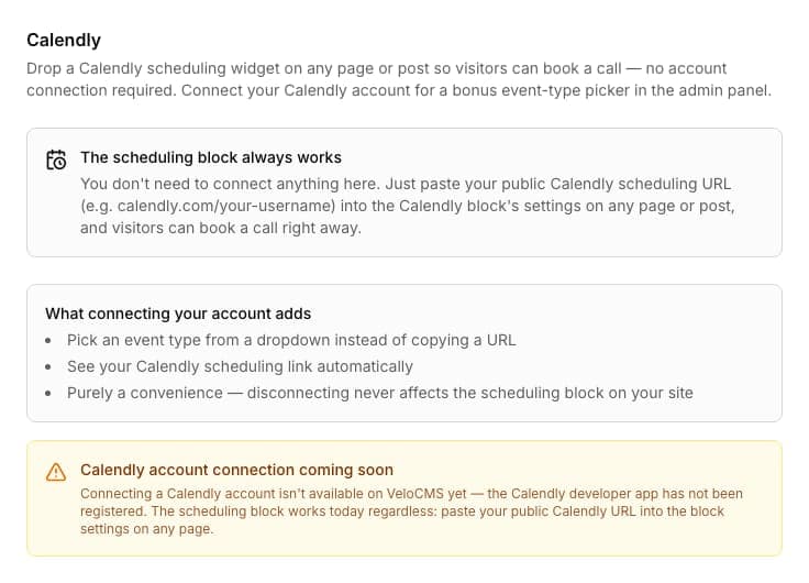 Calendly admin panel explaining the always-on scheduling block plus an optional account connection for an event-type picker