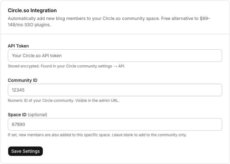 Circle.so admin settings form with an API token field, a community ID field, and an optional space ID field