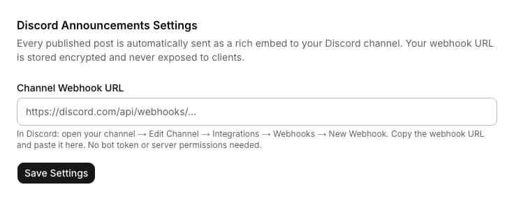 Discord Announcements admin settings form with a channel webhook URL field