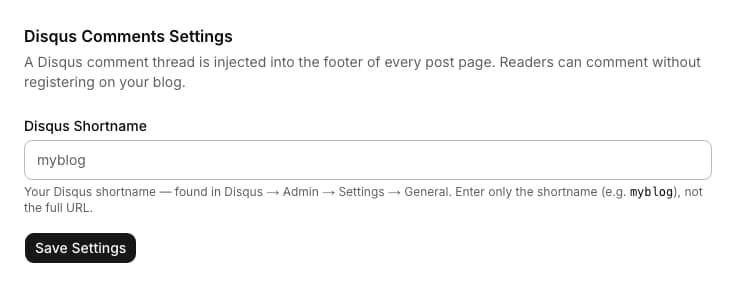 Disqus Comments admin settings form with a shortname field