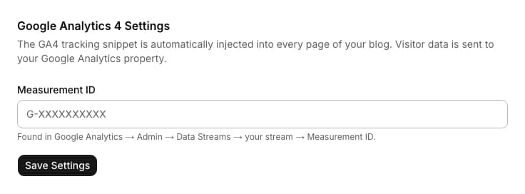 Google Analytics 4 admin settings form with a Measurement ID field