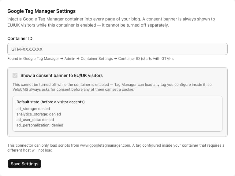 Google Tag Manager admin settings form with a Container ID field, a mandatory EU/UK consent banner notice and the default-denied consent state