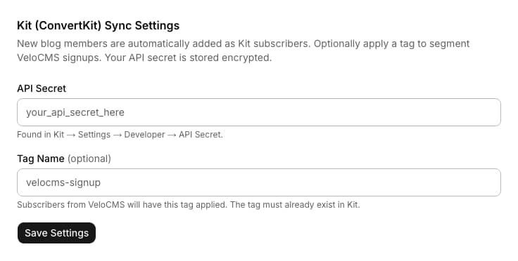 Kit (ConvertKit) Sync admin settings form with an API secret field and an optional tag name field
