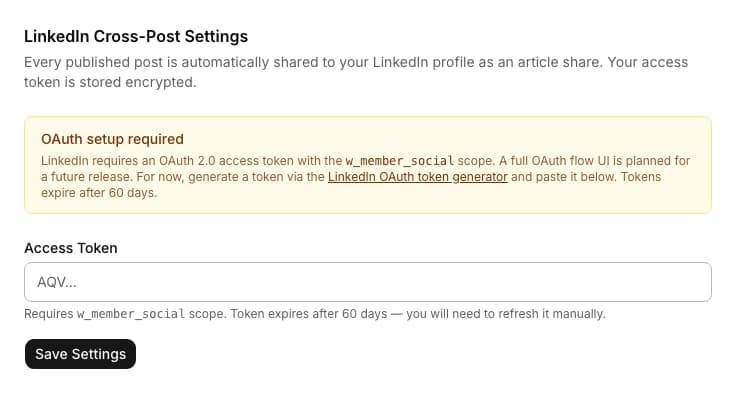 LinkedIn Cross-Post admin settings form with an OAuth setup notice and an access token field