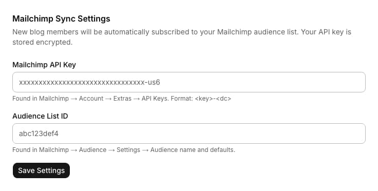 Mailchimp Sync admin settings form with an API key field and an audience list ID field