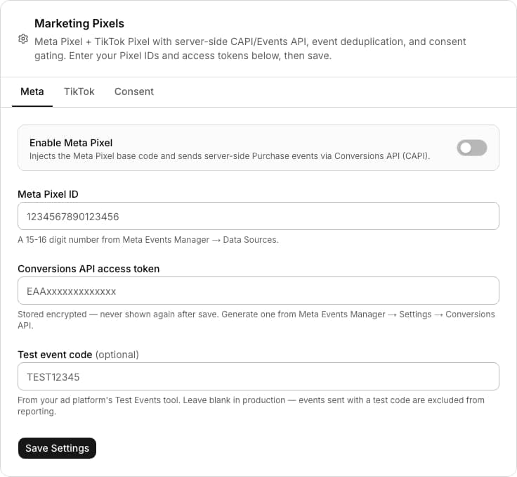 Marketing Pixels admin settings panel with Meta, TikTok, and Consent tabs for configuring pixel IDs and server-side event tokens