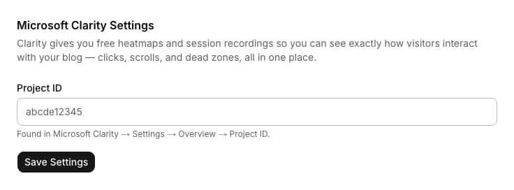 Microsoft Clarity admin settings form with a Project ID field
