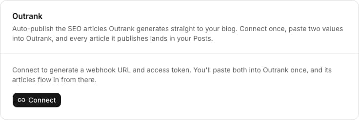 Outrank connection panel showing the generated connection token and webhook URL to paste into Outrank
