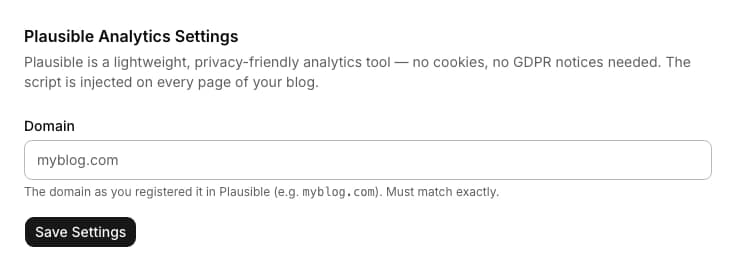 Plausible Analytics admin settings form with a domain field