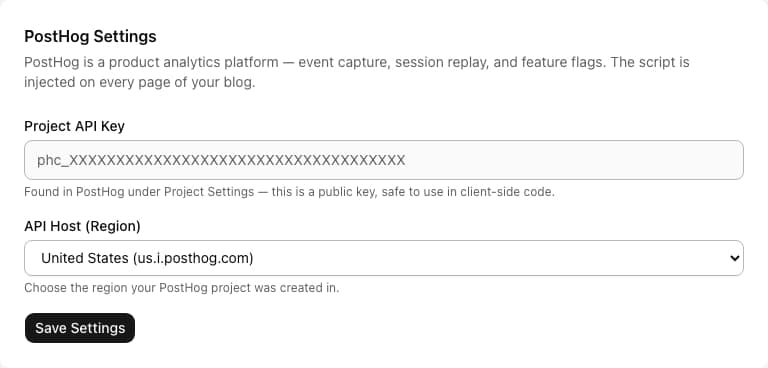 PostHog admin settings form with a Project API Key field and a United States or European Union region selector