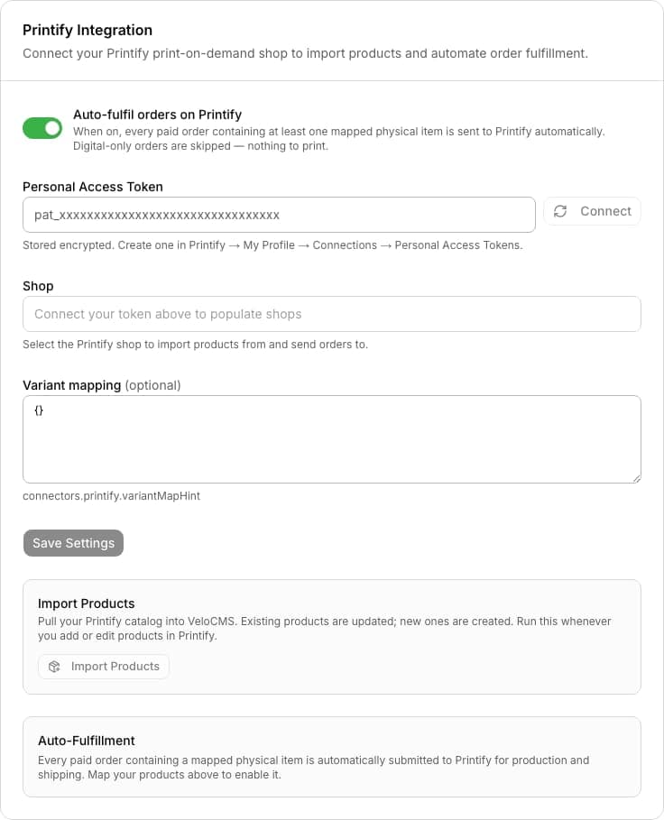 Printify admin settings form with an API key field and a variant mapping editor for print-on-demand fulfillment
