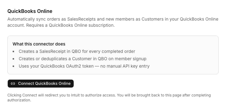 QuickBooks Online connector admin panel explaining what the connector does and a Connect QuickBooks Online button