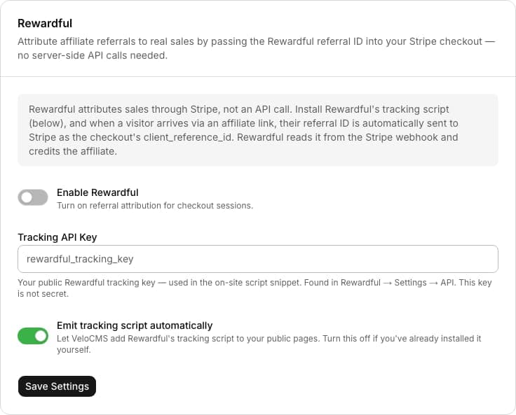 Rewardful admin settings form with the API key field for attributing affiliate referrals at checkout