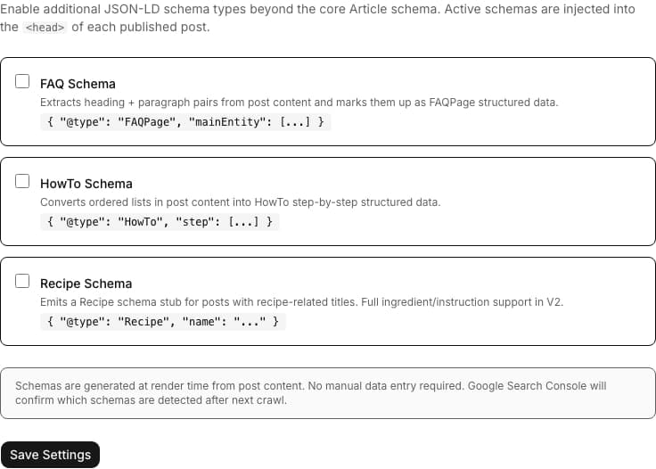 SEO Schema Extender admin panel with three independent toggles for FAQ, HowTo, and Recipe structured data