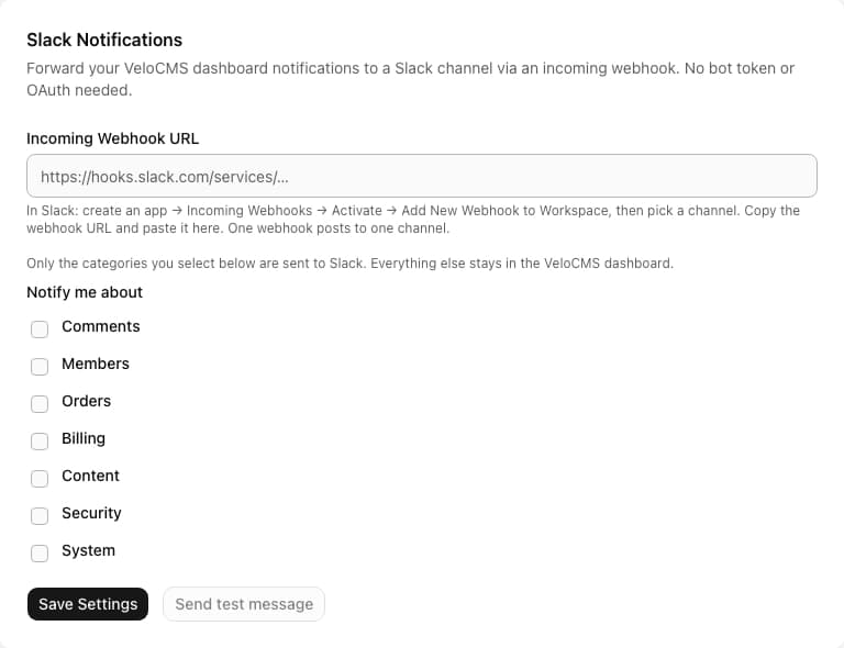 Slack Notifications settings form with an Incoming Webhook URL field and category checkboxes for comments, members, orders, billing, content, security and system