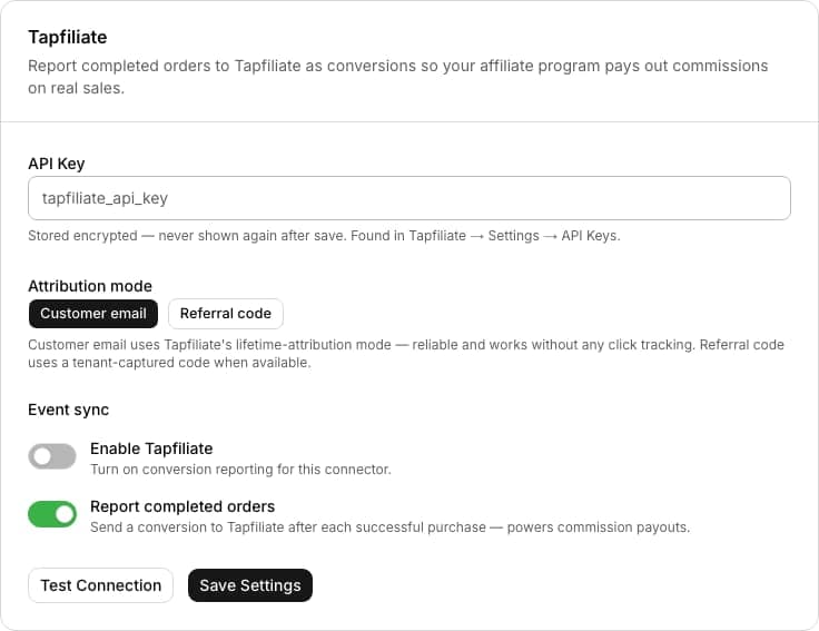 Tapfiliate admin settings form with the API key field for attributing affiliate referrals