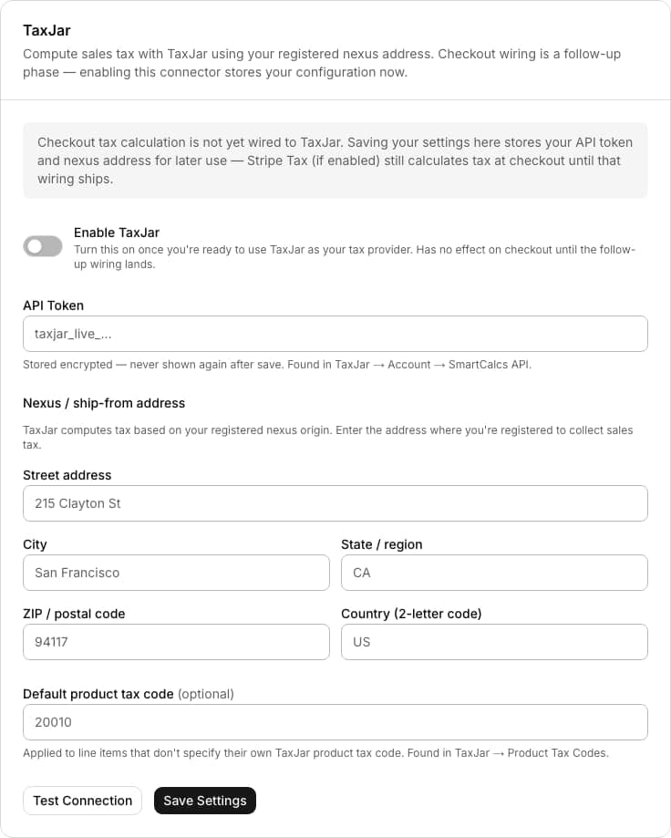 TaxJar admin settings form with API token and nexus/ship-from address fields for sales tax calculation