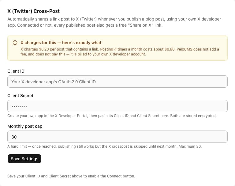 X cross-post settings form with a cost notice, Client ID and Client Secret fields and a monthly post cap