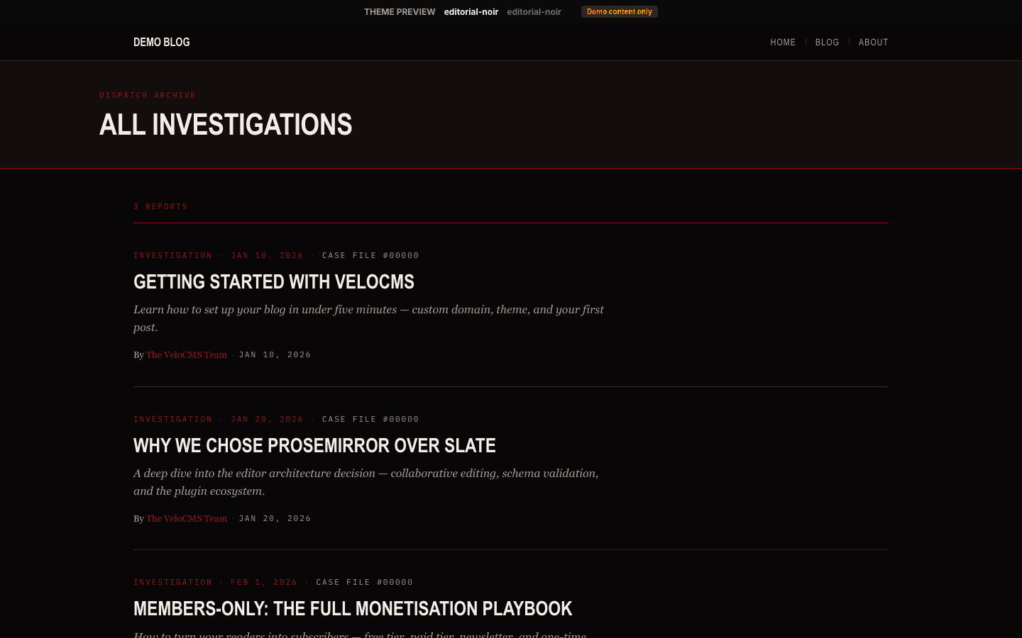 Editorial Noir theme full preview