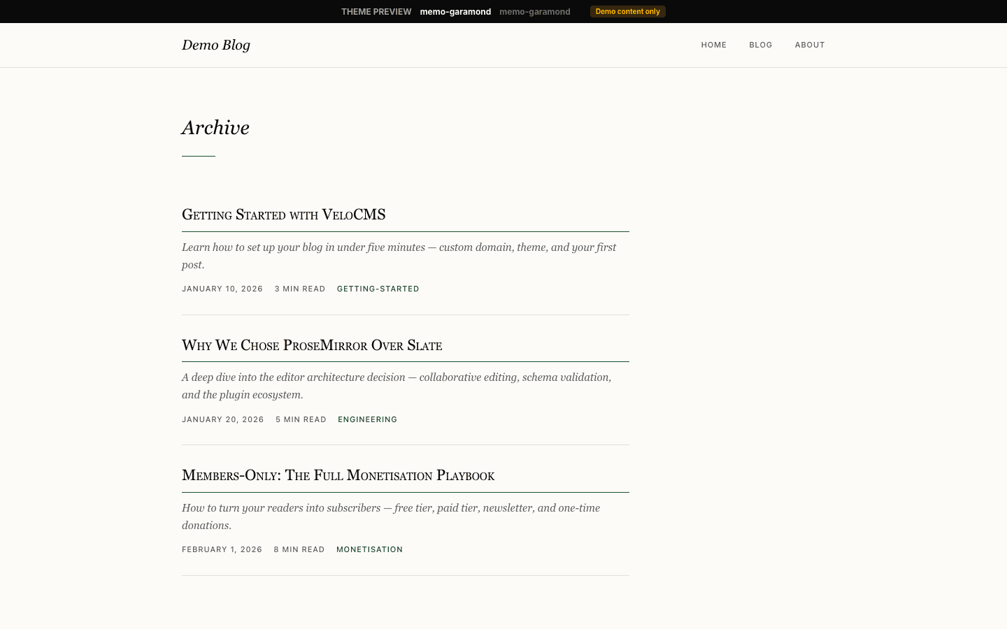 Memo Garamond theme full preview