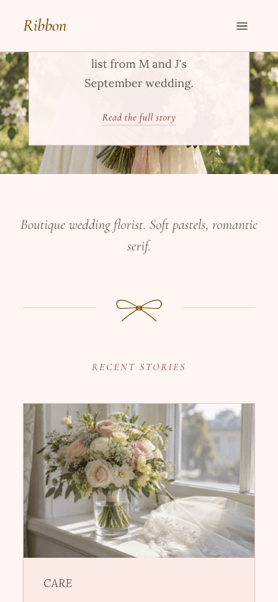 Ribbon Florist theme, mobile view of the home page