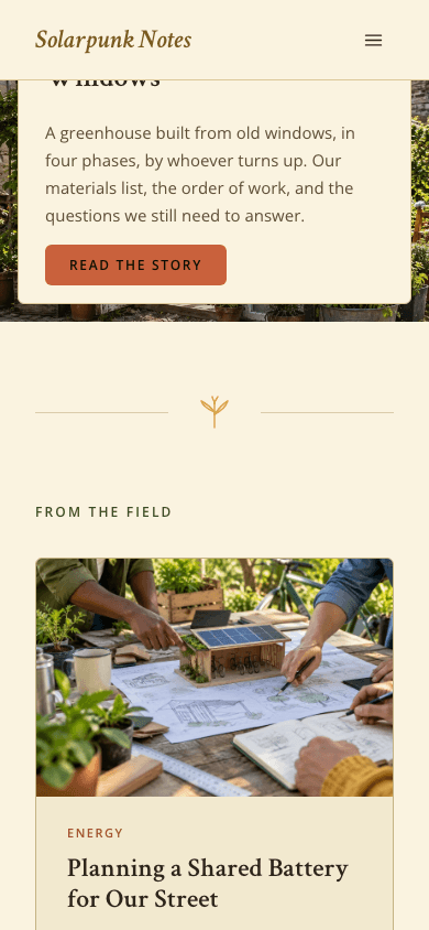 Solarpunk Optimist theme, mobile view of the home page