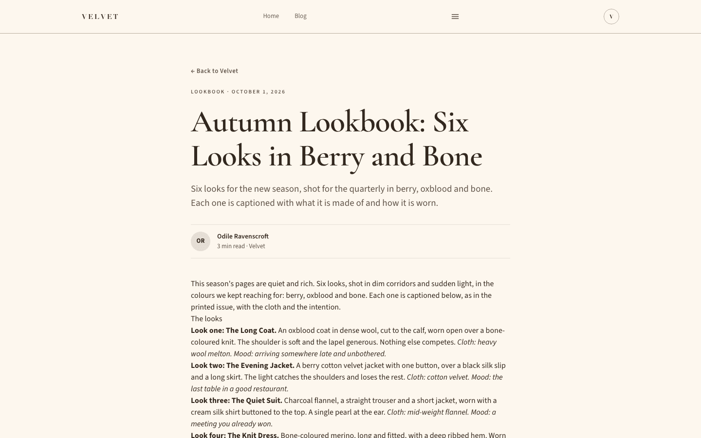 Velvet Editorial theme, blog post page