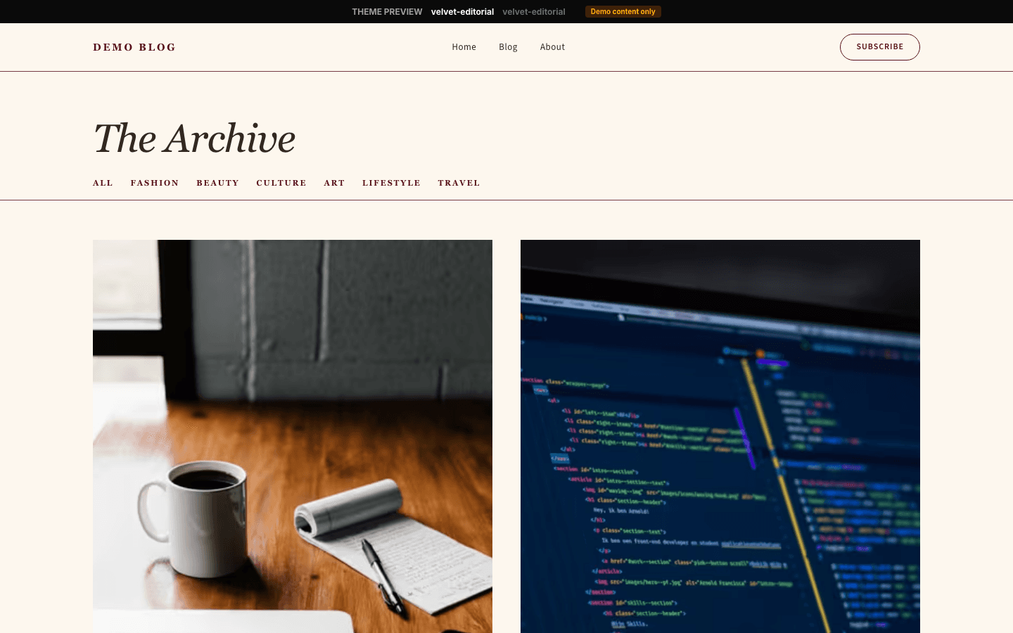 Velvet Editorial theme full preview