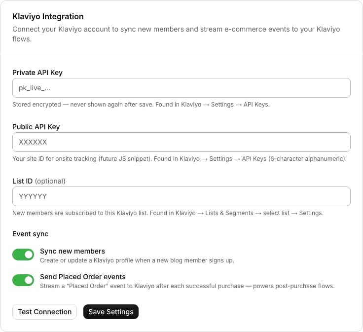 Klaviyo admin settings form with API key fields and toggles for member sync and Placed Order event streaming