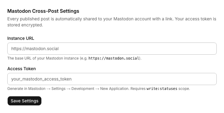 Mastodon Cross-Post admin settings form with an instance URL field and an access token field