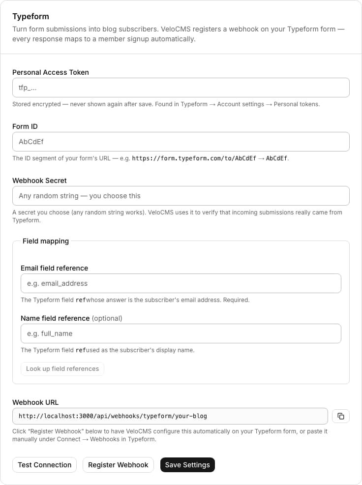 Typeform admin settings form with a personal access token, form ID, webhook secret, and email/name field mapping