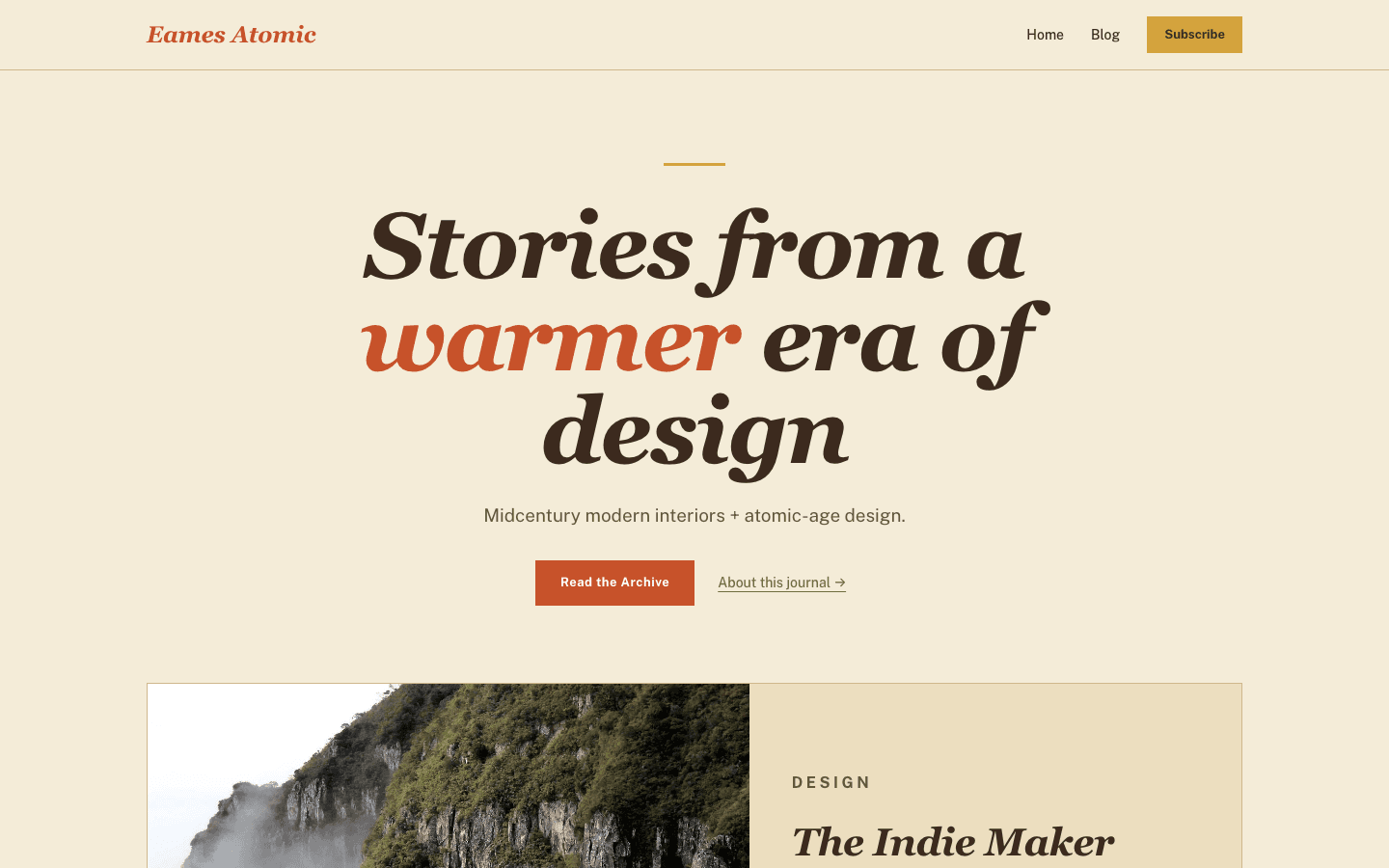 Mid-Century Modern theme, desktop view of the home page