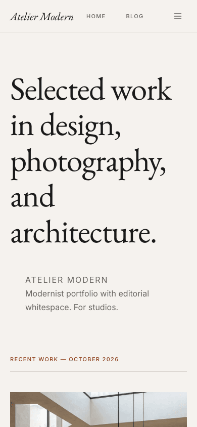 قالب Atelier Modern: عرض الجوال للصفحة الرئيسية