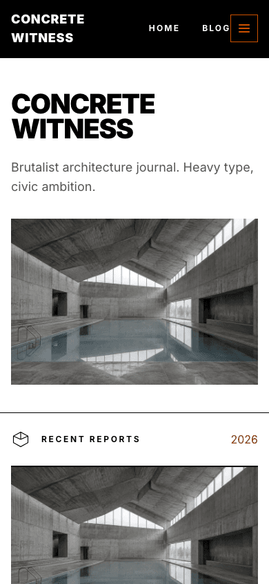 Brutalist Architecture theme, mobile view of the home page