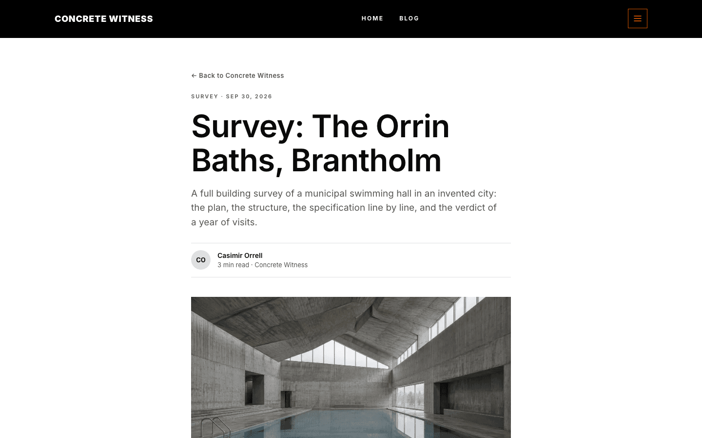 Brutalist Architecture theme, blog post page