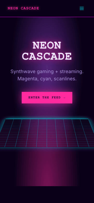 Cyber Synthwave theme, mobile view of the home page