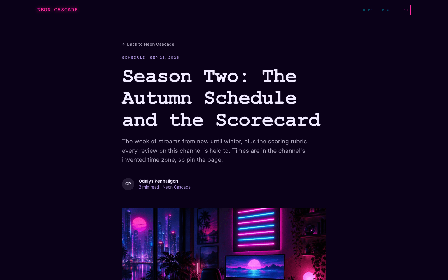 Cyber Synthwave theme, blog post page