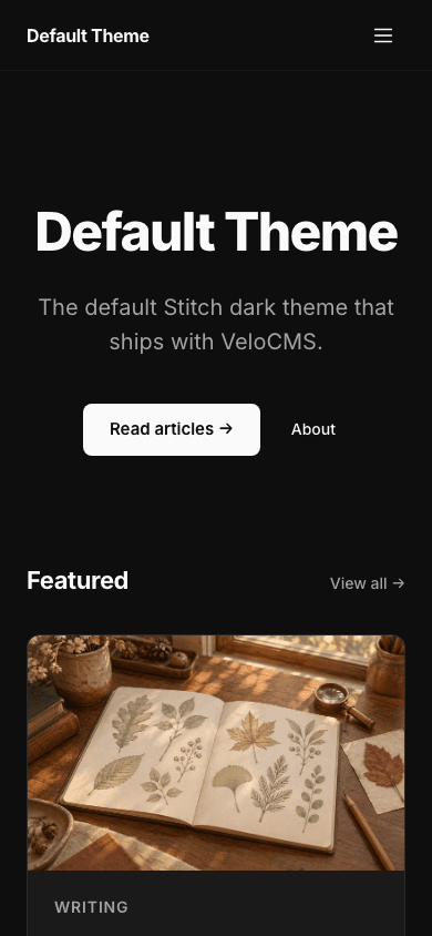 Minimal Dark theme, mobile view of the home page