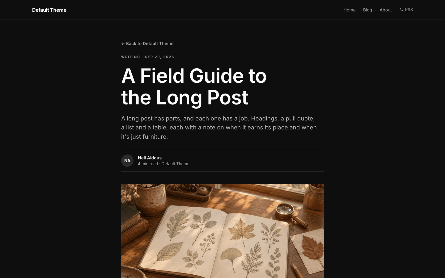 Minimal Dark theme, blog post page