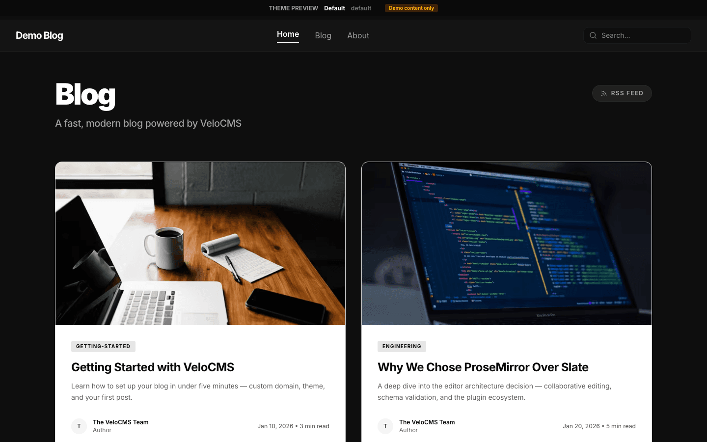 VeloCMS Default theme preview