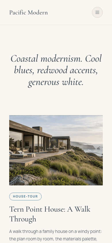 Pacific Modern theme, mobile view of the home page