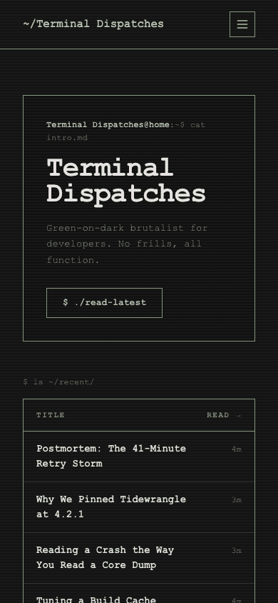 Terminal theme, mobile view of the home page